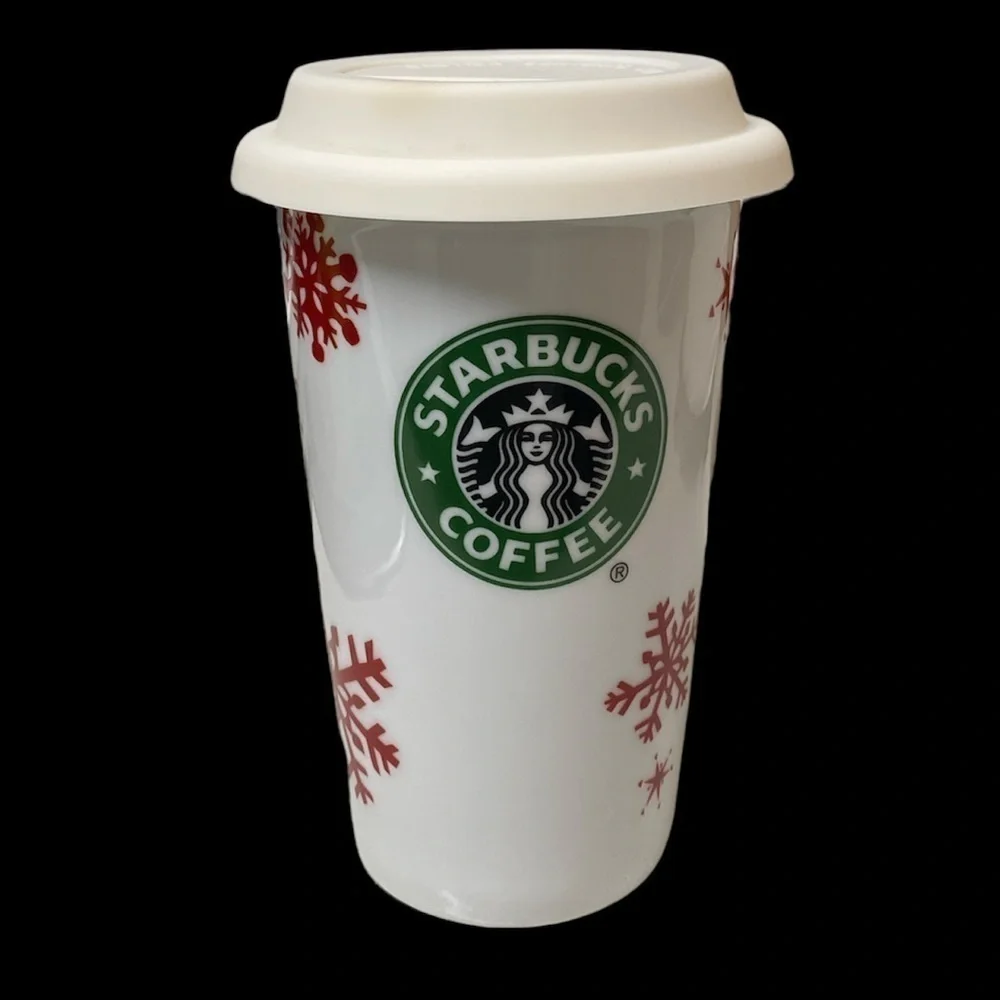 Starbucks 2010 ceramic mug insulated silicone cover lid 10 fl oz snowflake motif